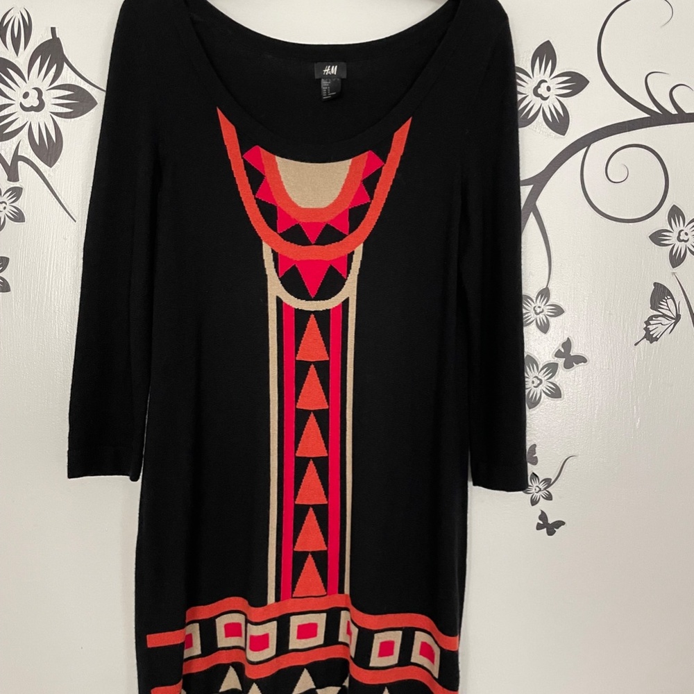PRICE DROP! H&M Black Knit Dress with Vivid Geometric Designs - Women's Small